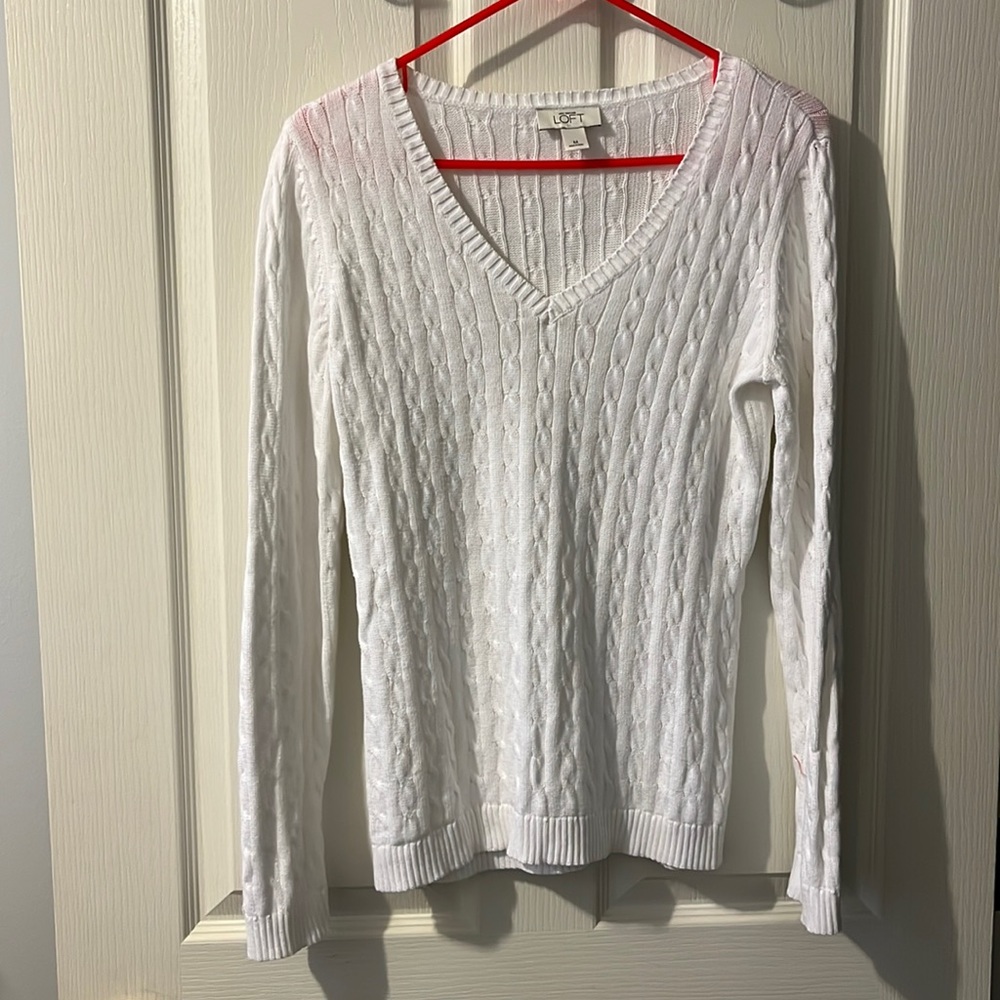 Womens Loft Ann Taylor White V-Neck Cable Sweater size M